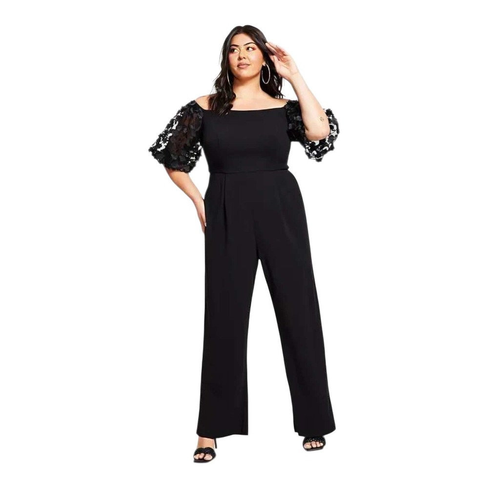 Xscape Women Jumpsuit Floral Puff Sleeve‎ Off Shoulder Formal Black 20W